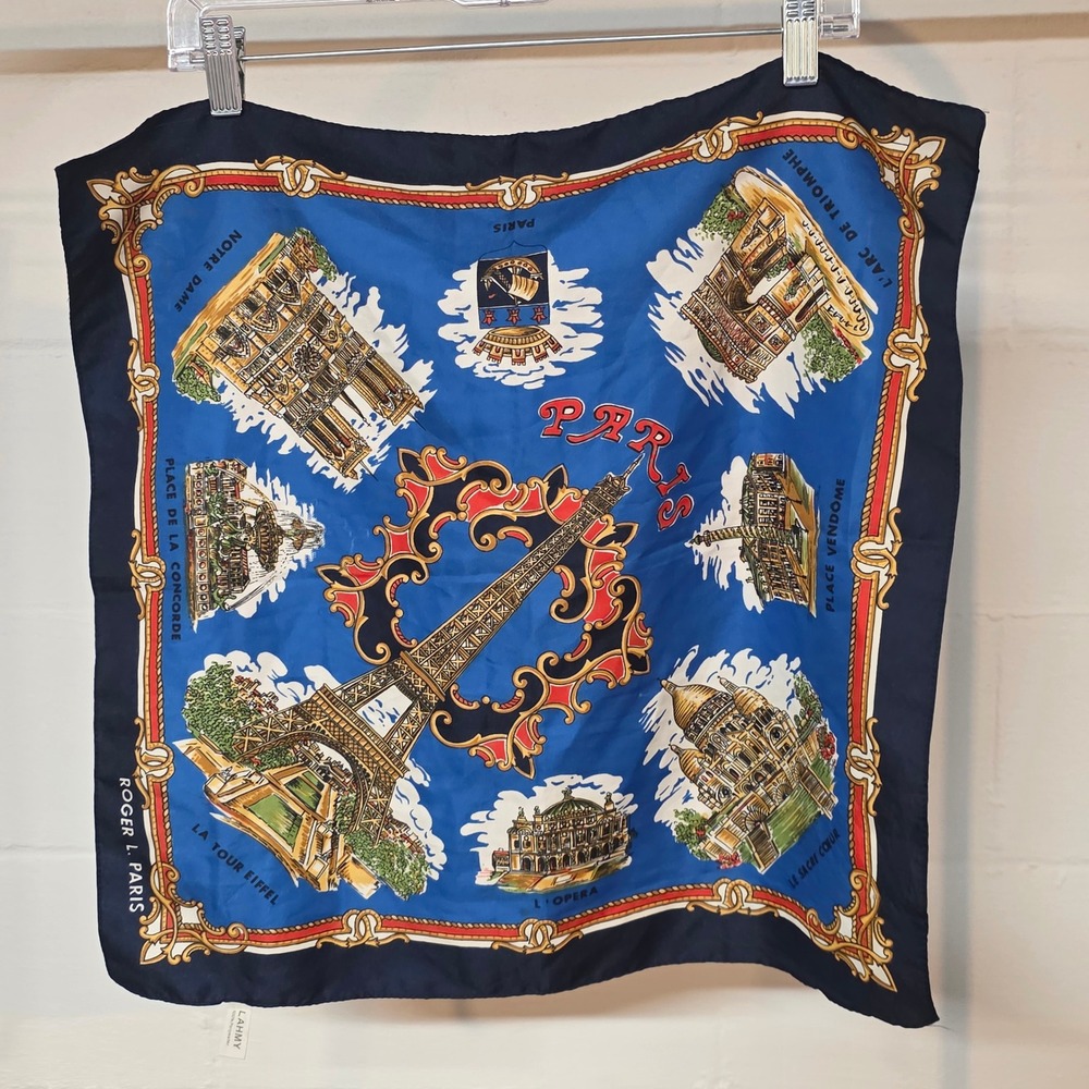 Vintage Paris Souvenir Scarf Blue Eiffel Tower French Landmarks 20x19